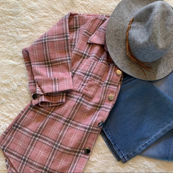 New Plaid Pink Stripe Oversized Flannel Top Shacket Button Front Shirt Top - Picture 4 of 8